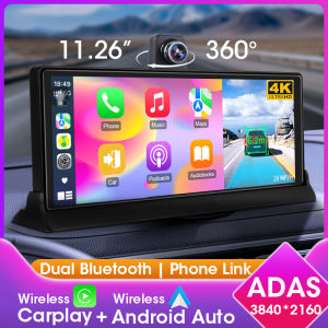 10/11.26" Dash Cam 4K ADAS DVR Wireless CarPlay/Android Auto 360° Rotate Len 1080P Rear Camera Navigation GPS 24h Park Monitor