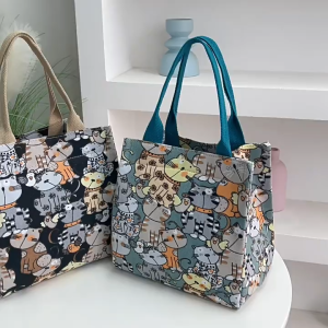 MUSASI Canvas Cartoon Print Handbag Cute Printing Lunch Bag Casual Picnic Bag