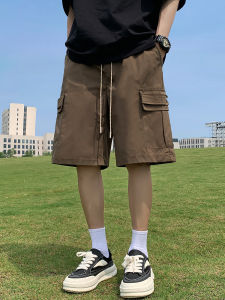 Japanese Style Mens Workwear Shorts Summer Trendy Vintage Sports Loose Straight Casual Five-Quarter Pants with Big Pockets