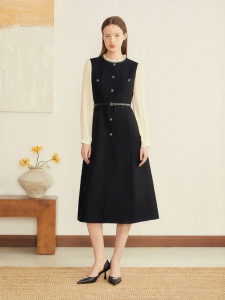 Mixed Wool With Spliced Chiffon And Beads Color Block Dress