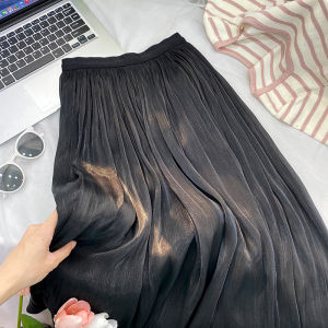 High Gloss Sensation Glimmer Bead Satin Chiffon Pleated Midi Skirt Women Summer Vintage Elegant A-Line Skirt Commute Style