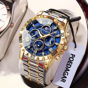 POEDAGAR Luxury Man Watch Waterproof Luminous Chronograph Fashion Men Clock Stainless Steel Sports Military Mens Quartz Watches