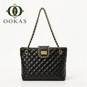 OOKAS black quilted leather handbag with chain straps and turn-lock closure