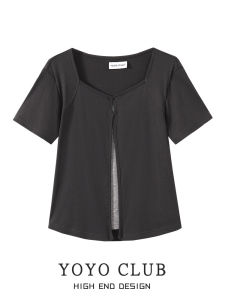 Slim Fit Short Sleeve T-Shirt Womens Summer Large Size Belly Covering Shoulder Bearing Square Collar Top YOYO CLUB Pure Desirable Hot Girl