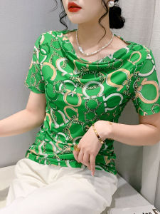 ทันสมัย เสื้อยืดแขนสั้นไหล่เดียวพิมพ์ลายเรขาคณิต ผู้หญิง สไตล์เดินทางเวอร์ชั่นเกาหลีความยาวแขนปกติ