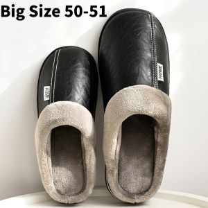 Big Size 48 49 50 51 Winter Men Slippers Home PU Leather Shoes for Women Indoor Waterproof Fur Cotton Bedroom Slipper House shoes