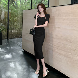 Impression Fashion Women Elegant Pearls Patchwork Sweetheart Neck Short Petal Sleeve Pleated Bodycon Wedding Party Dress