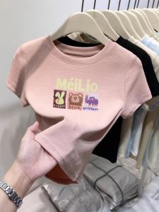 เสื้อยืดคอกลมแขนสั้นผ้าฝ้ายทรงสลิมฟิตสำหรับผู้หญิง แฟชั่นฤดูใบไม้ผลิและฤดูร้อน ลายตัวอักษร ชุดชั้นใน เสื้อตัวบน