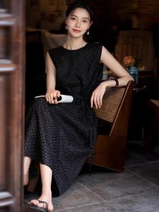 Elegant French Vintage Polka Dot round Neck Long Dress Womens Summer New Style High End Feeling Vest Dress Sleeveless Dress