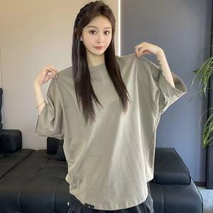 Summer New Loose Fit round Neck Short Sleeve T-Shirt Mens Simple Versatile Breathable Four-Five Sleeve Clean Version Batwing Sleeve