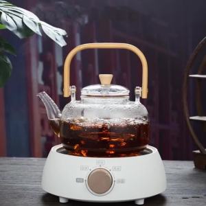 1000ml Glass Teapot Chinese Tea Ceremony Clear Teapot with Filter Wood Handle for Electric Ceramic Stove Home Office Tea Maker