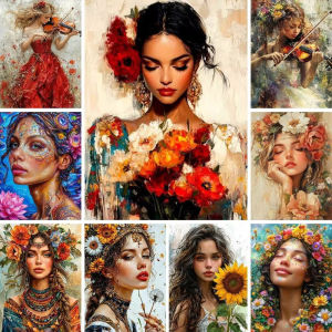 BILIBILI | Coloring By Numbers on Canvas Acrylic Paint Package Adults Wall Art Picture Drawing Home Decoration Flowers Girl Painting Kits