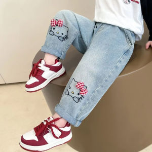 Spring Autumn Baby Girls Denim Pants Cartoon Hello Kitty Loose Straight Casual Jeans For 2-6 Years Kids Children Soft Trousers