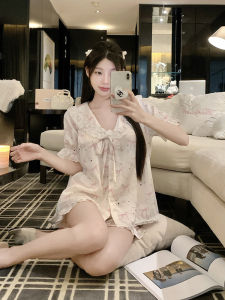 2025 New Ice Silk Womens Sleepwear Short Sleeve Shorts Thin Home Clothes Sweet Girl Can Wear Outdoors Set Polyester Fiber