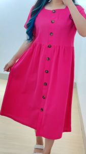 5049 Katrin Button Square Neck Linen Crinkle Midi Dress Busui Friendly