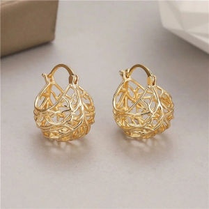 Huitan Gold Color Hollow Hoop Earrings Women Newly Designed Temperament Ear Accessories Wedding Party Fashion Jewelry 2023