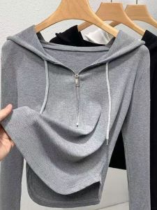 Slim Fit Hoodie Womens Thin Casual Base Layer Top Small Design Pure Color Sweatshirt Korean Version INS Style Sweet Style