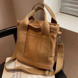 Fashionable Canvas Bucket Bag Womens Crossbody Handbag Autumn Winter New Style Wide Strap Shoulder Bag Popular Small Size Bag