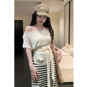 YUEZHONGWEI | Elegant White Slanted Shoulder Top and Skirt Set