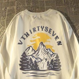 100% Pure Cotton American High Street Mountain Print Hand-Tied Long Sleeves T-shirt Men and Women Autumn Trendy Loose Casual Top