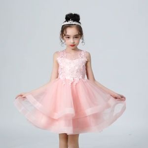Pink White Elegant Kids Dresses for Girl Tutu Fluffy Princess Pearls Wedding Gown Children Birthday Party Dress Toddler Baby Girl Clothes for 3 4 5 6 7 8 9 10 11 12 years old