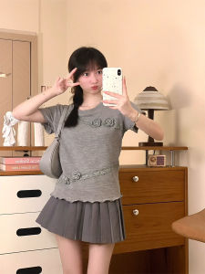 French Style Lace Flower Decorated Slim Fit Short Sleeve T-Shirt Womens Fashionable Shoulder Length round Neck Top