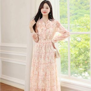 ชุดเดรสผ้าชีฟองพิมพ์ลายดอกไม้เอวสูงแขนยาวทรงเอ กระโปรงจีบลายดอกไม้ ชุดทำงานฤดูใบไม้ร่วง 2024 สำหรับผู้หญิง