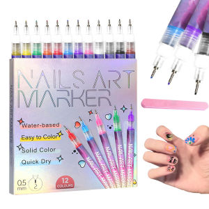 12 Pcs Nail Art Pen Kit 0.5MM Ultra Fine Liner Acrylic Nail Polish Set Waterproof Fast Drying for Manicure Drawing Painting