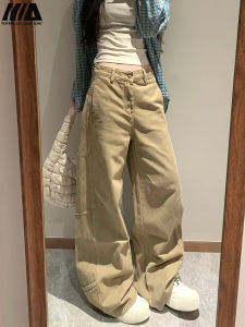 Quần Jeans Denim Ống Rộng Cạp Cao Màu Khaki Cho Nữ Quần Dài Thường Ngày Thu Đông 2025 Phong Cách Mỹ Cổ Điển Quần Ống Rộng Dệt Kim