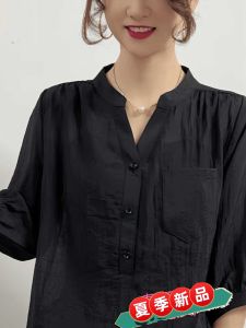 ฤดูร้อน 2024 V Neck Midi ผ้าชีฟอง เสื้อ ลำลอง แฟชั่น สไตล์เรโทร พรางหุ่น แขนกลาง ผู้หญิง เสื้อเบลาส์ หลวม Fit เสื้อสวม เสื้อเชิ้ต