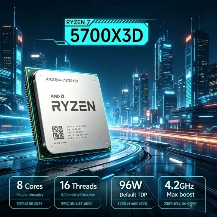 AMD | AMD R7 5700X3D Ryzen 7 5700X3D 3GHz Base 4.1GHz Boost 96MB 3D V Cache 8 Core 16 Thread AM4 Gaming Desktop CPU