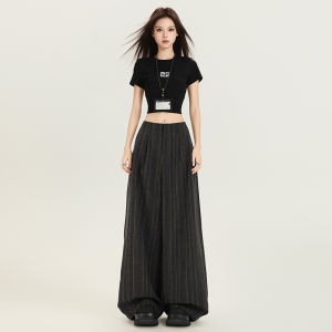 Quần Ống Rộng Kẻ Sọc Xám Mỹ Cạp Cao Xếp Ly Che Giấu Mỡ Bụng Quần Ống Đứng Dài Đến Sàn Phong Cách Thường Ngày Cho Nữ