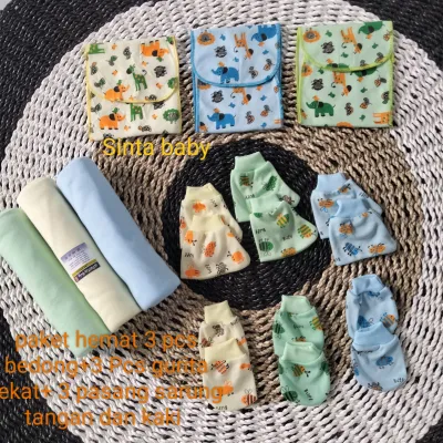 paket hemat 3 pcs bedong+3pcs gurita rekat+3 pasang sarung tangan dan kaki