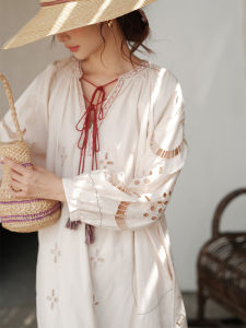 Retro Bohemian Embroidered Loose Dress Vacation Style Beach Sand Skirt Tassel Hollow Long Dress Polyester Cotton Blend