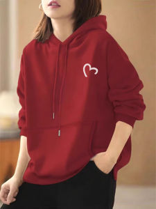 เสื้อสเวตเตอร์มีฮู้ดผู้หญิงสีแดงเมฆ ทรงหลวม แขนยาว ปกติ คอตตอน โพลีเอสเตอร์ ฤดูใบไม้ร่วง/ฤดูหนาว แฟชั่นสตรี