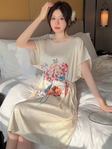 New Chinese Style Women's Sleepwear: Summer Short Sleeve Ice Silk & Loose Thin Belted Mid-Length Silk