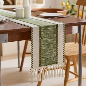Green Boho Striped Green Table Runner - Hand - Woven Tassels Ideal for Spring Tables Round Coffee Tables & Rustic Home Decor