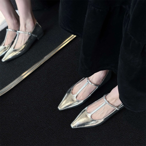 CAIZINI | French Style Block Heel T-Strap Mary Janes Silver
