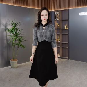 MAIMEI | ชุดเดรสยาวลายสก็อตทรงเอเอวสูง ชุดสองชิ้น แฟชั่นฤดูหนาวสำหรับผู้หญิง ชุดเดรสยาวปานกลางสง่างาม