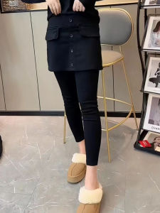 Cropped Pants Short Skirt Fake Two-Piece Women Elastic High Waist Black Leggings Button Temperament Wild Fashion Outerwear Casual Pants New