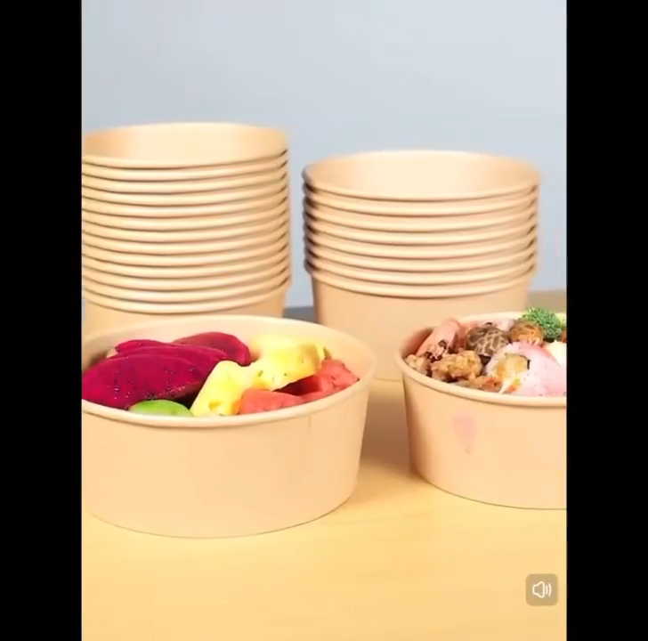 50pcs disposable thick-walled round salad bowls made of cowhide paper with transparent lids