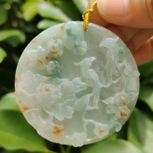 Crafted with Flowers and Birds on Light Green Hue with Green and Golden Yellow Patches Natural Type A Jadeite Jade as Pendant certificate weighs 39.24 grams measurement 56.3 * 56.3 * 7.2 mm (pendant307)
