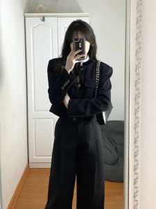 Bộ Đồ Hai Mảnh Màu Đen Sang Trọng Thời Trang Đầu Thu Cho Nữ Thanh Lịch Bằng Vải Len Phong Cách Quý Tộc Dài Tay Cổ Đứng