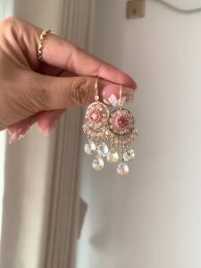 Pink Crystal Flower Tassel Earrings Luxury Versatile Fashionable Vintage Ethnic Style High-End Feelings Elegant Ear Jewelry