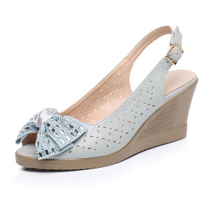 Summer Fish Mouth High Heels Real Leather Slope Heel Womens Sandals Work Shoes Black Soft Bottom Breathable Hollow out Design