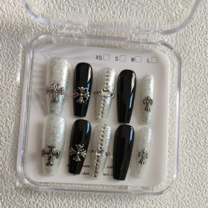 Box set of 10 oval handmade wearable nails sparkling black full set of fake nails suitable for women and girls