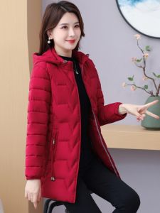 Womens Autumn Winter Thickened Slim Fit down Cotton Jacket Warm Outerwear Mid-Length Zipper Closure Hooded Nylon Fabric Coat