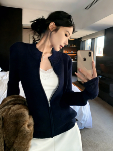 HUOLISI | American Stand-collar Zipper Knitted Sweater Cardigan Fall Money Style Fitting Slim Female