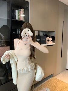 Elegant Lace Panel Striped Halter Neck Vest Womens Slim Fit Inner Wear Short Length Button up Style Commute Fashion 2025