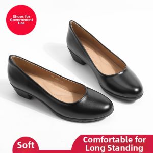 Black Round-Toe Leather Comfortable Work Shoes for Women